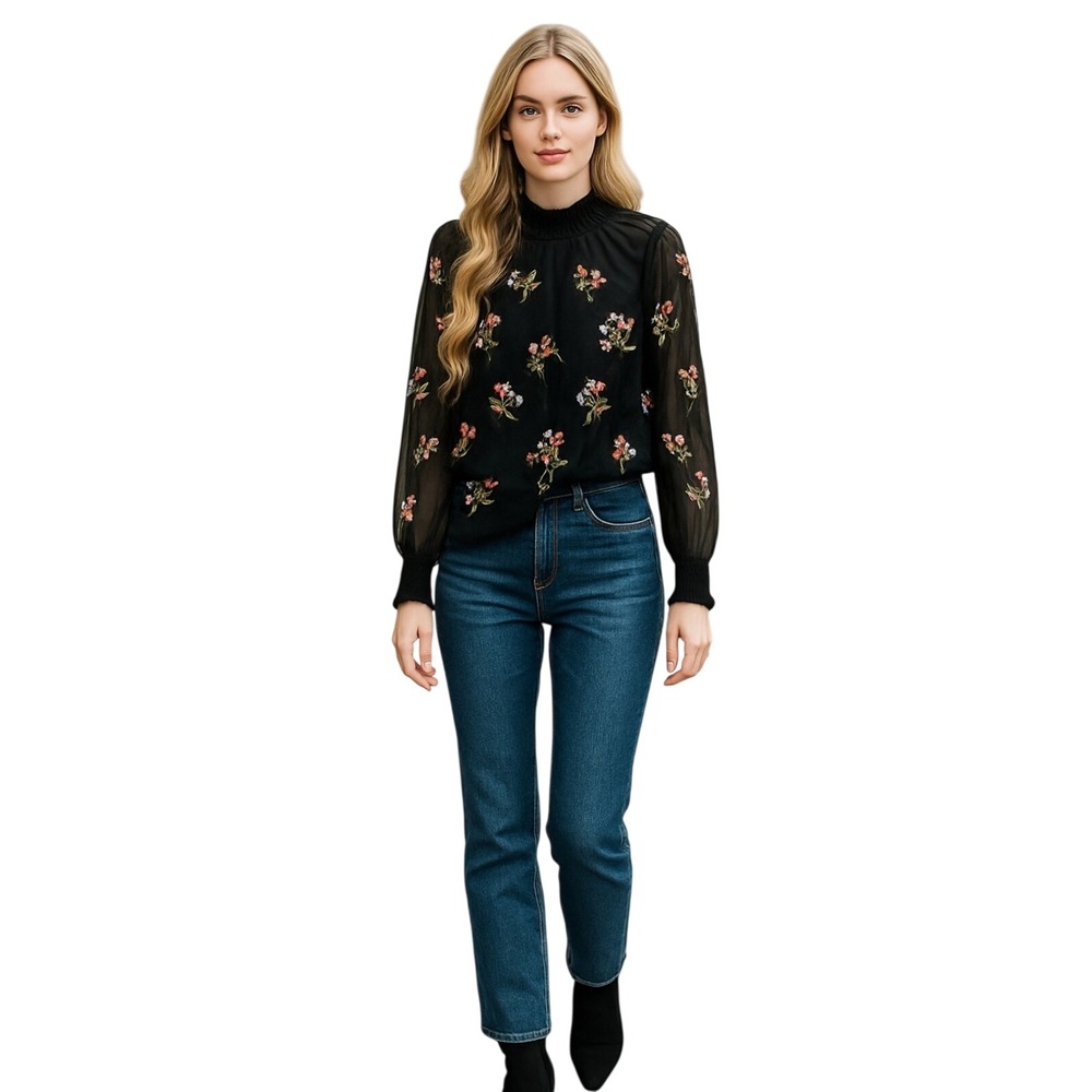Sundance Floral Embroidered Smocked Mock Neck Blouse Black Sheer Sleeve
